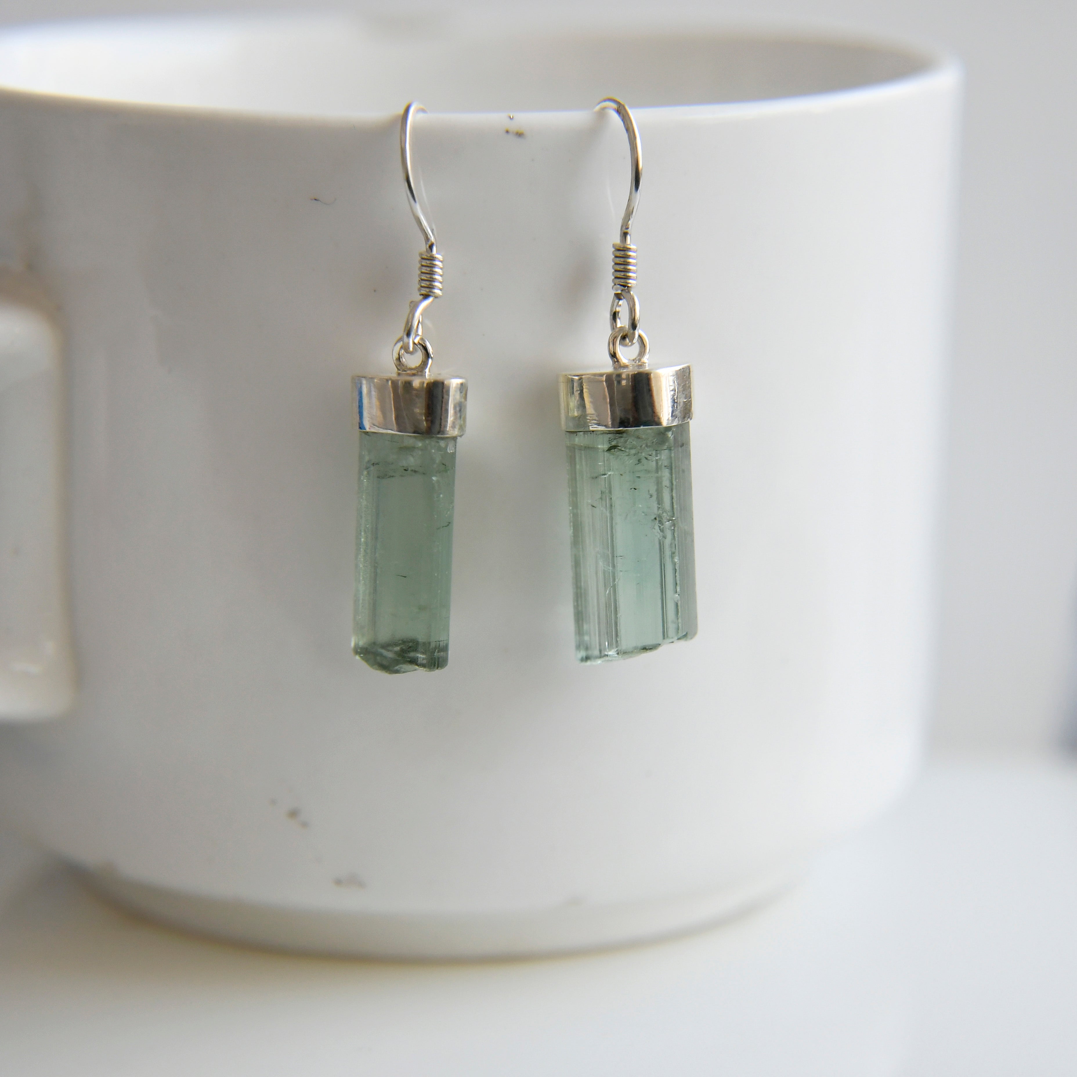 Raw Green Tourmaline Crystal Earrings – 925 Sterling Silver