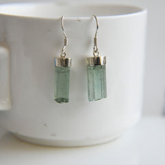 Raw Green Tourmaline Crystal Earrings – 925 Sterling Silver