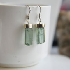 Raw Green Tourmaline Crystal Earrings – 925 Sterling Silver