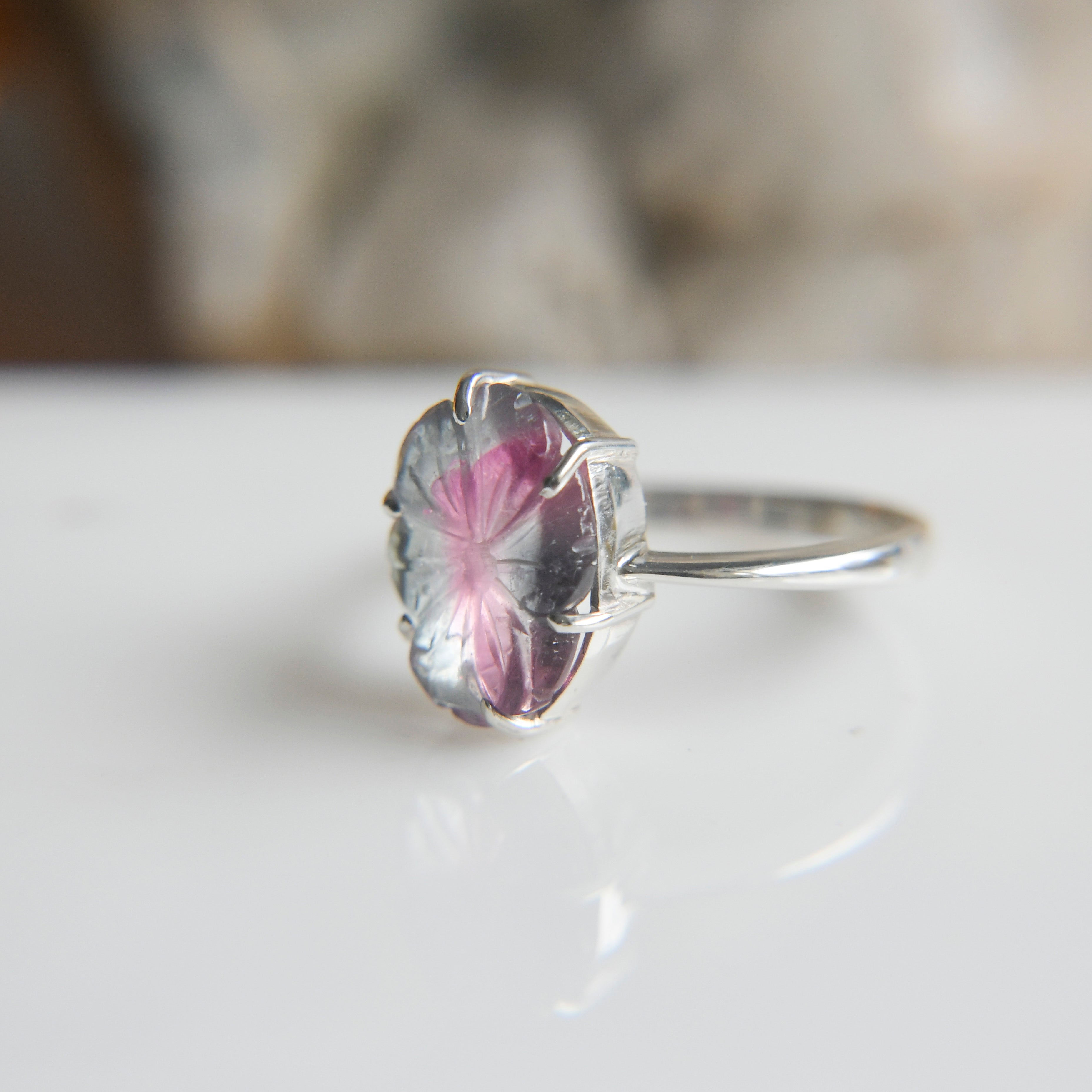 Grey-Pink Tourmaline Big Flower Ring – 925 Sterling Silver