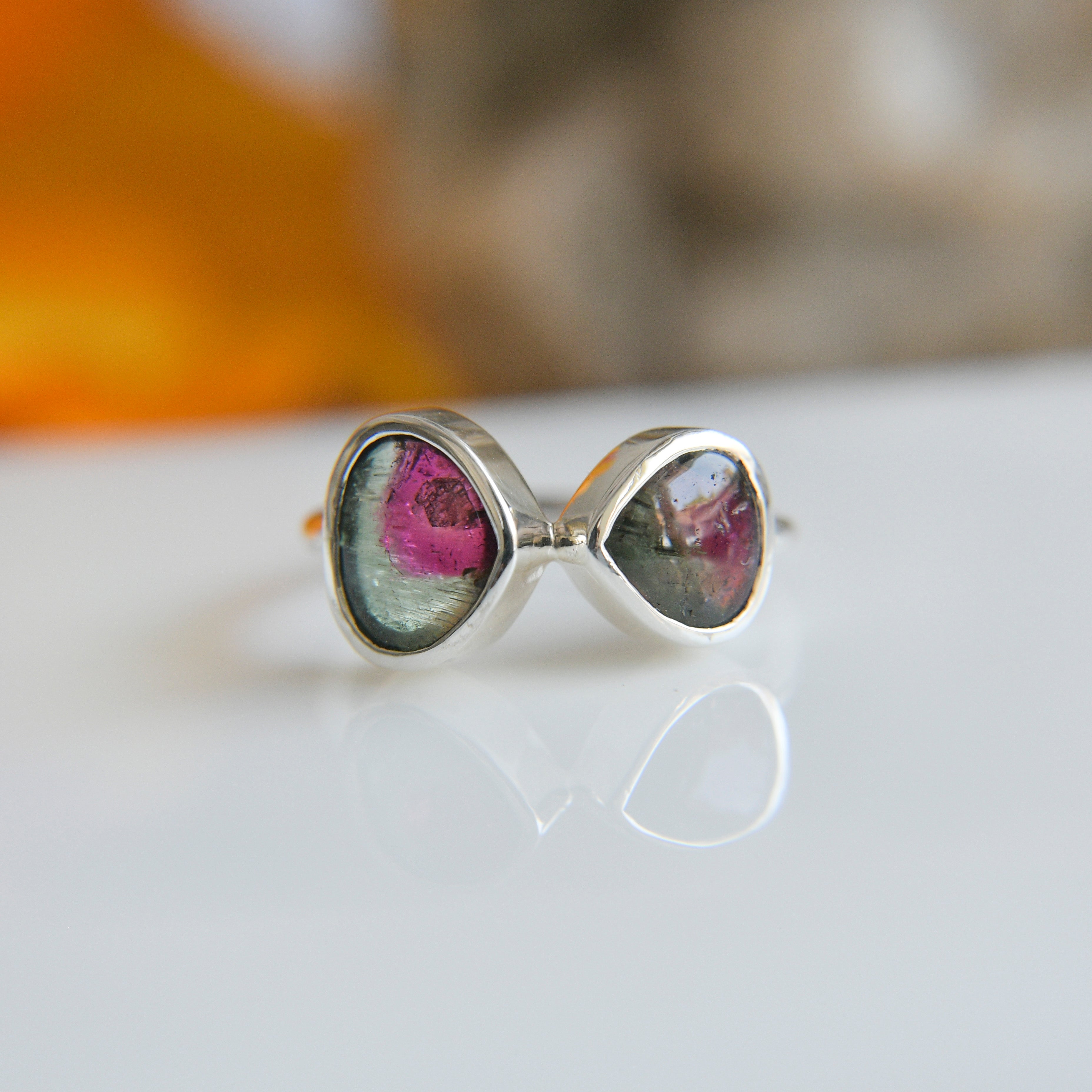 Bicolor Tourmaline Cabochon Ring (Red/Green) – 925 Sterling Silver