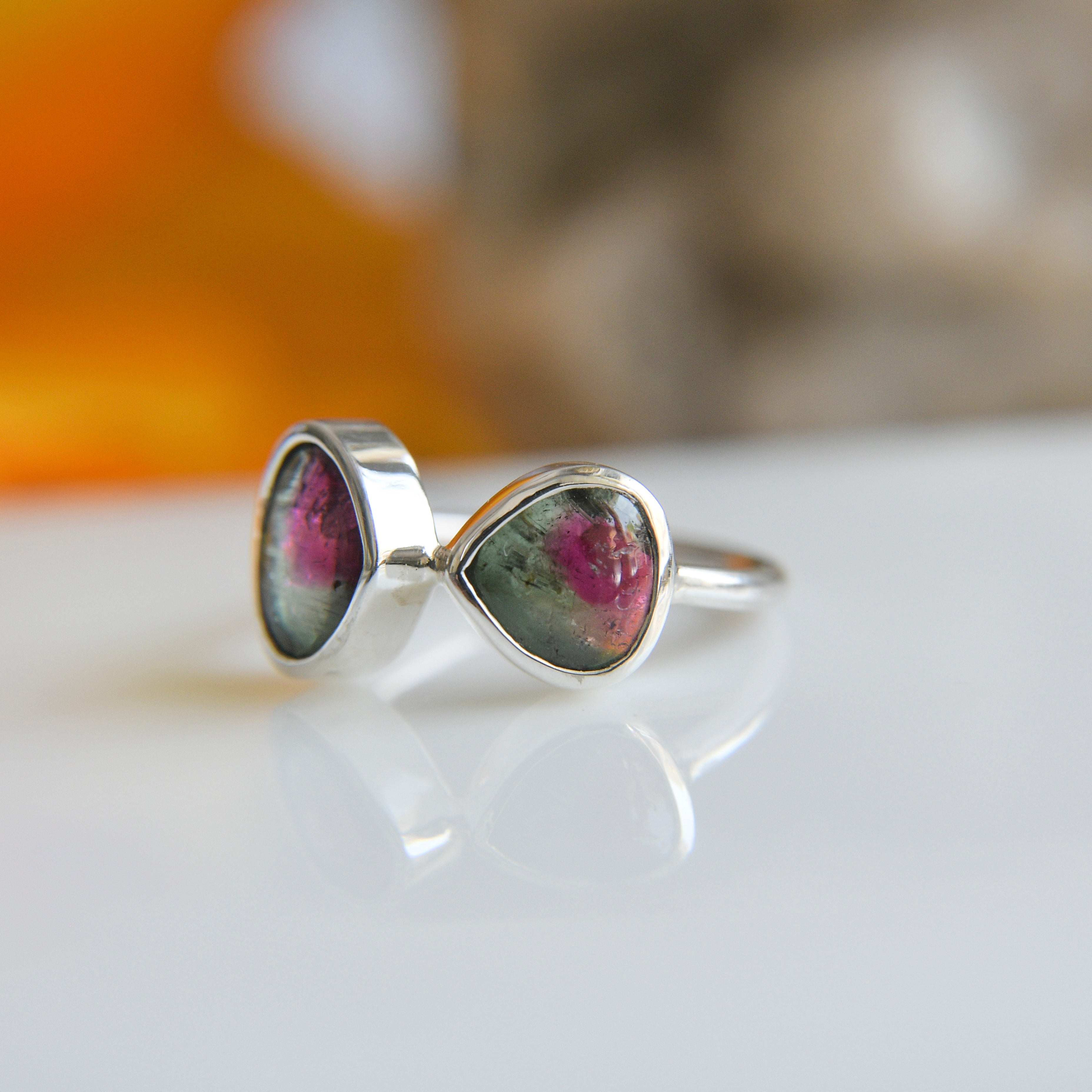 Bicolor Tourmaline Cabochon Ring (Red/Green) – 925 Sterling Silver