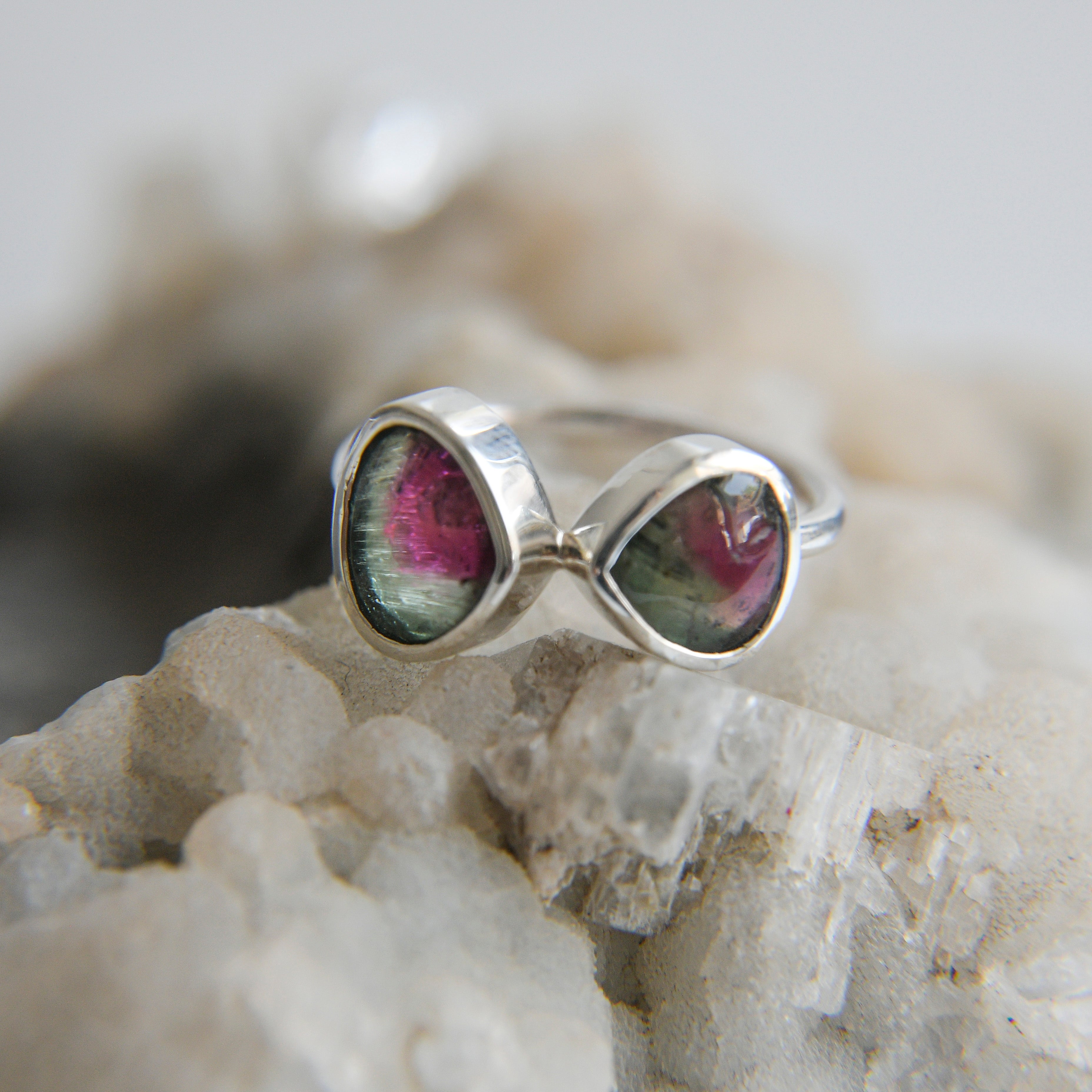 Bicolor Tourmaline Cabochon Ring (Red/Green) – 925 Sterling Silver