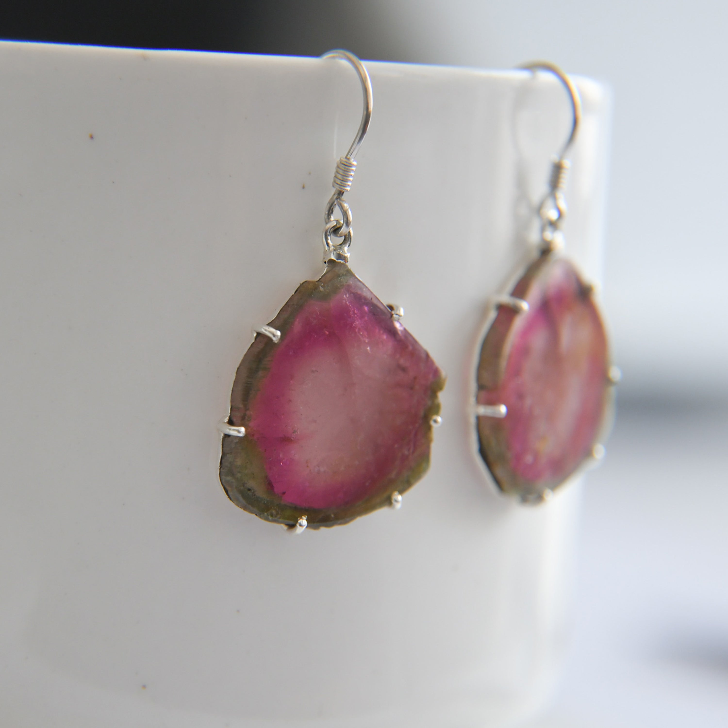 Large Watermelon Tourmaline Slice Earrings – 925 Sterling Silver