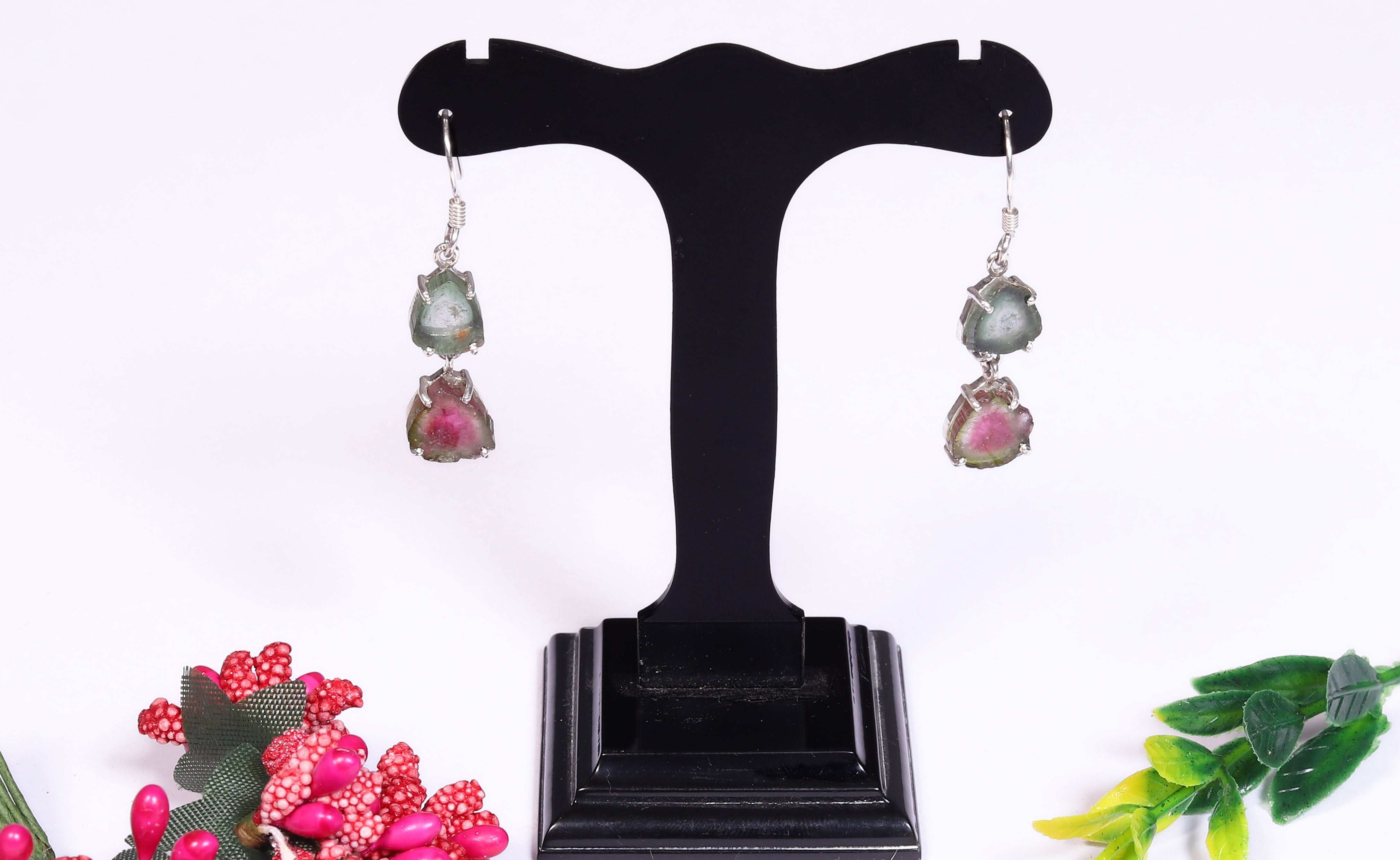 925 Sterling Silver Dark Green & Dark Pink Tourmaline Dangle Earrings