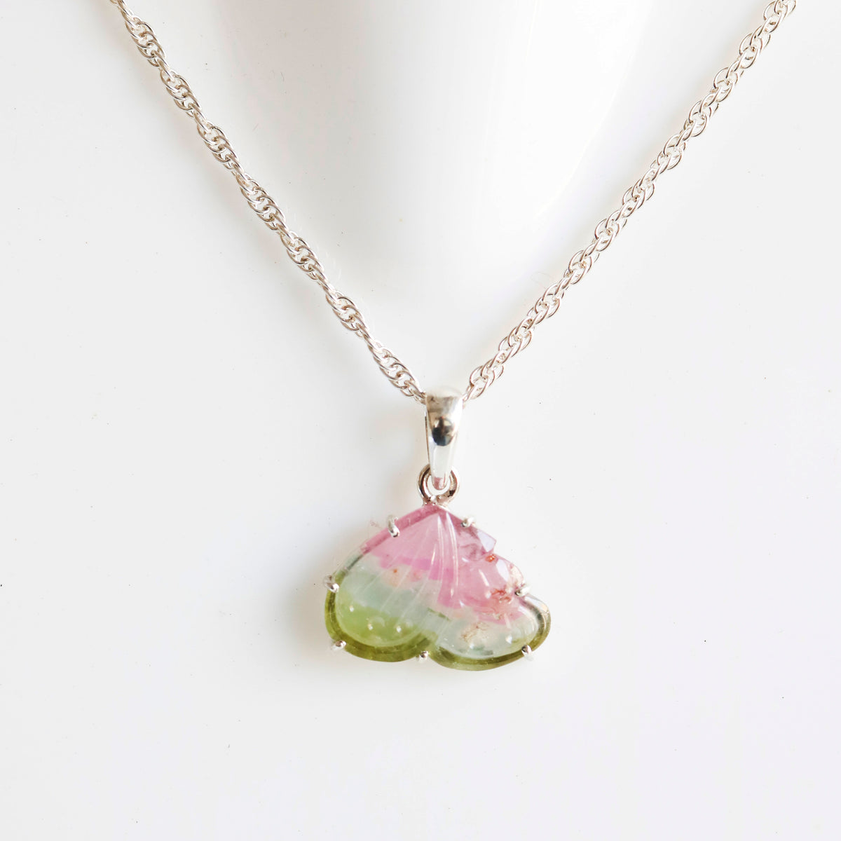 Thick Carved Butterfly Wing Pendant – Pink & Green Tourmaline, 925 Sterling Silver