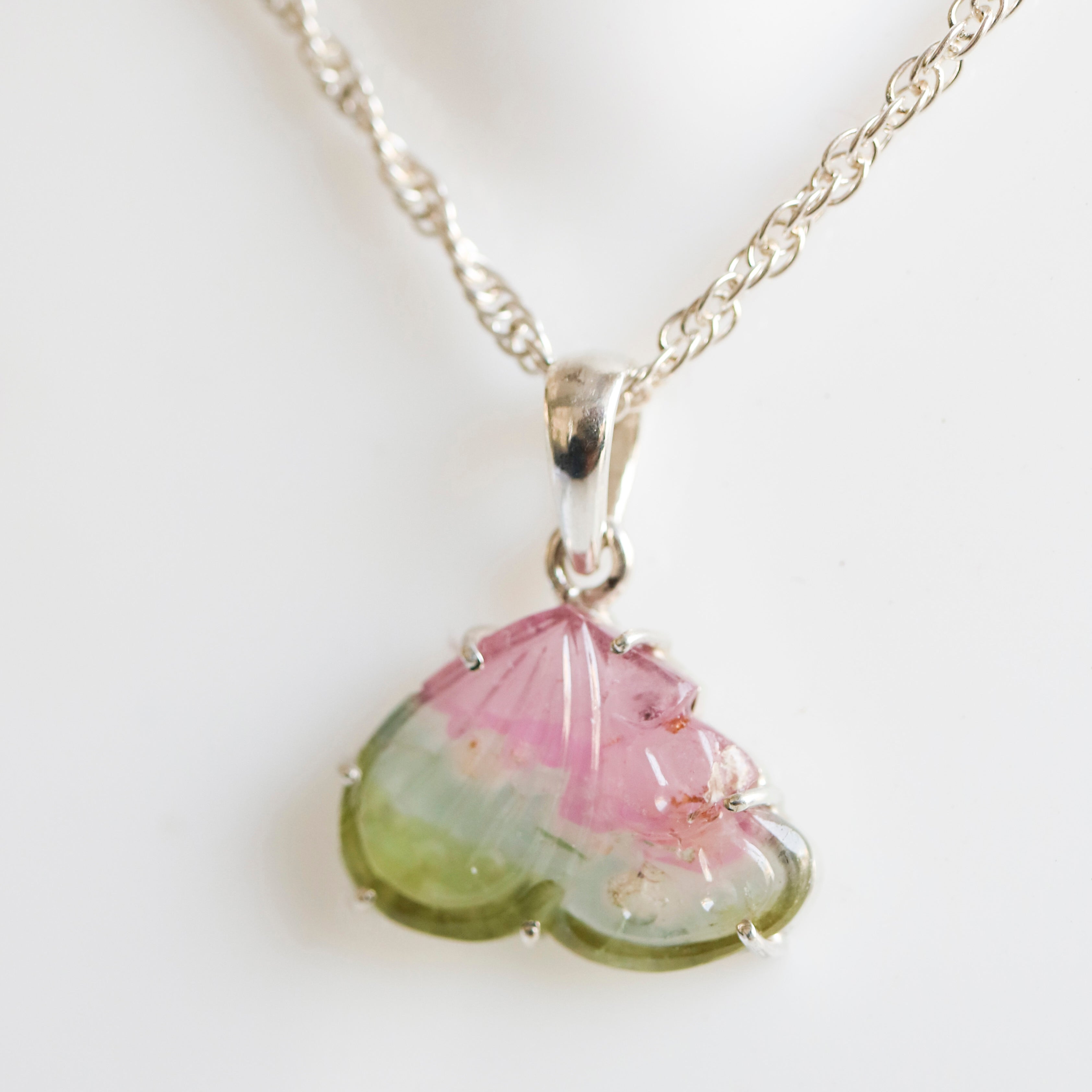 Thick Carved Butterfly Wing Pendant – Pink & Green Tourmaline, 925 Sterling Silver