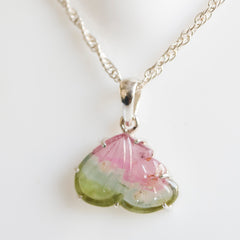 Thick Carved Butterfly Wing Pendant – Pink & Green Tourmaline, 925 Sterling Silver