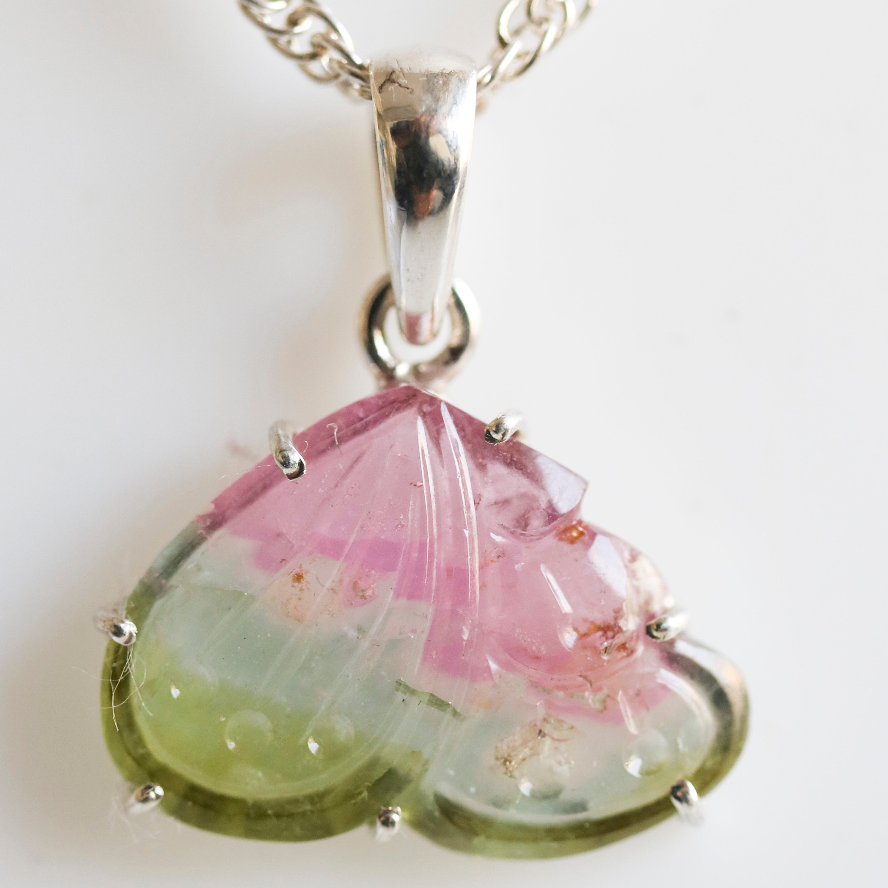 Thick Carved Butterfly Wing Pendant – Pink & Green Tourmaline, 925 Sterling Silver