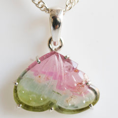Thick Carved Butterfly Wing Pendant – Pink & Green Tourmaline, 925 Sterling Silver