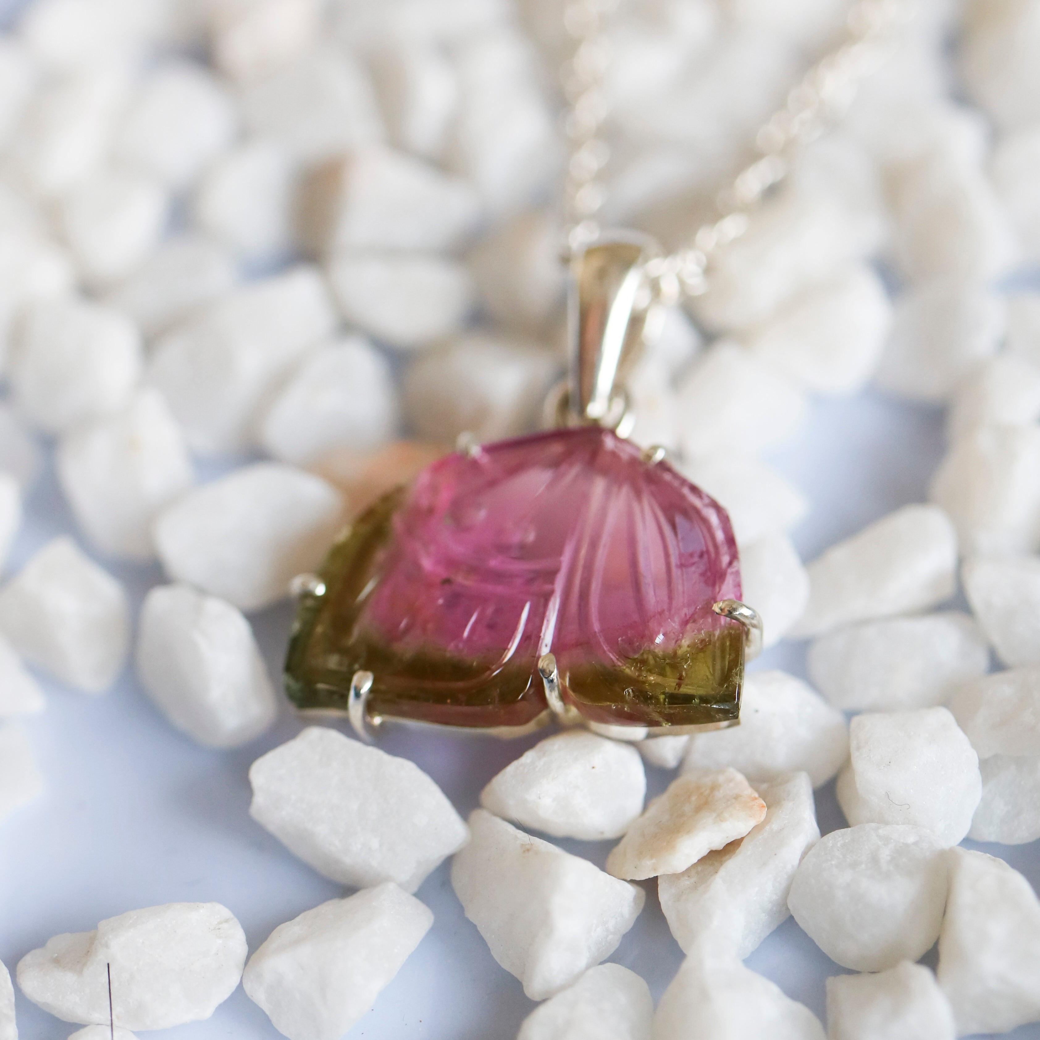 Carved Pink-Green Butterfly Wing Pendant – 925 Sterling Silver