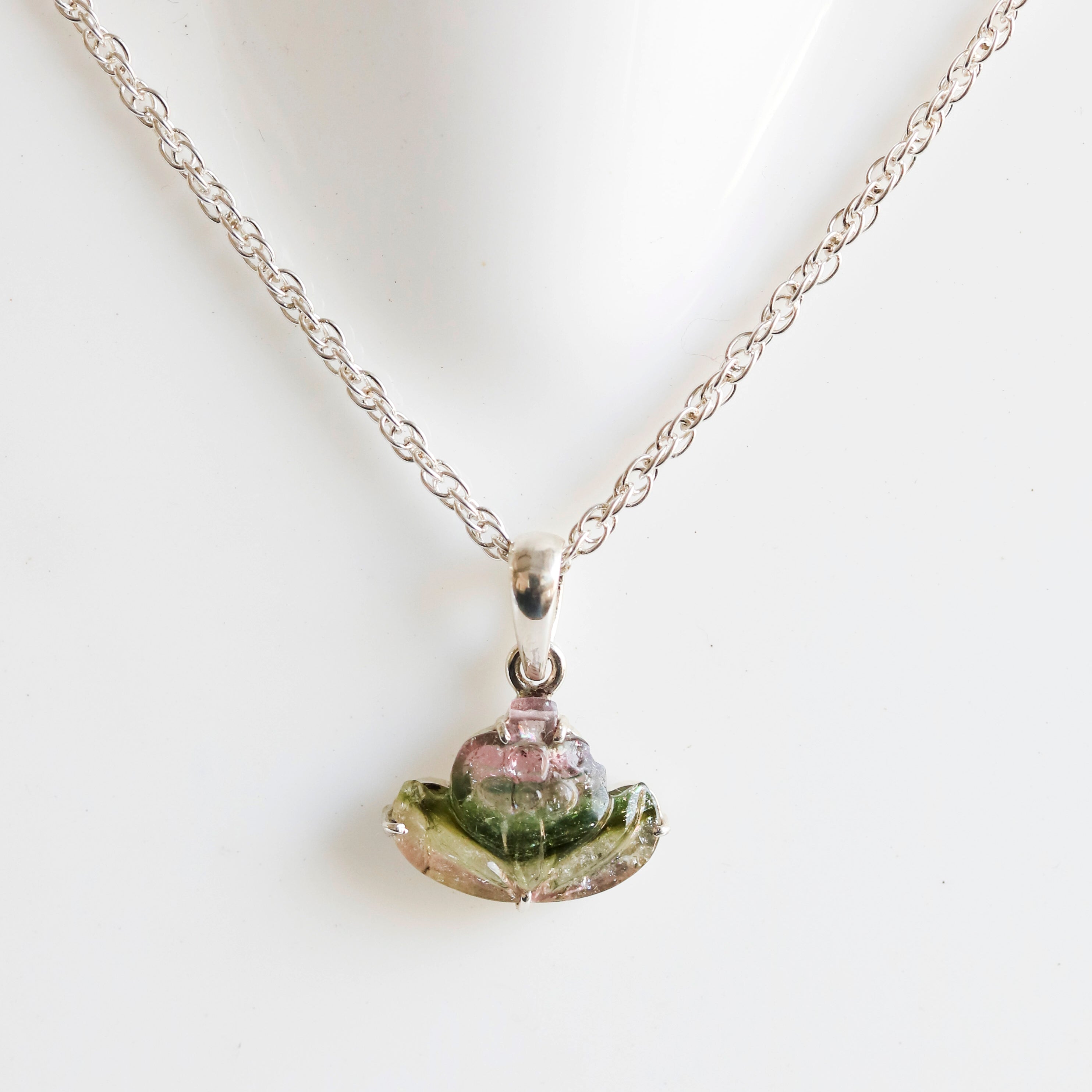 Carved Watermelon Tourmaline Lotus Pendant – 925 Sterling Silver
