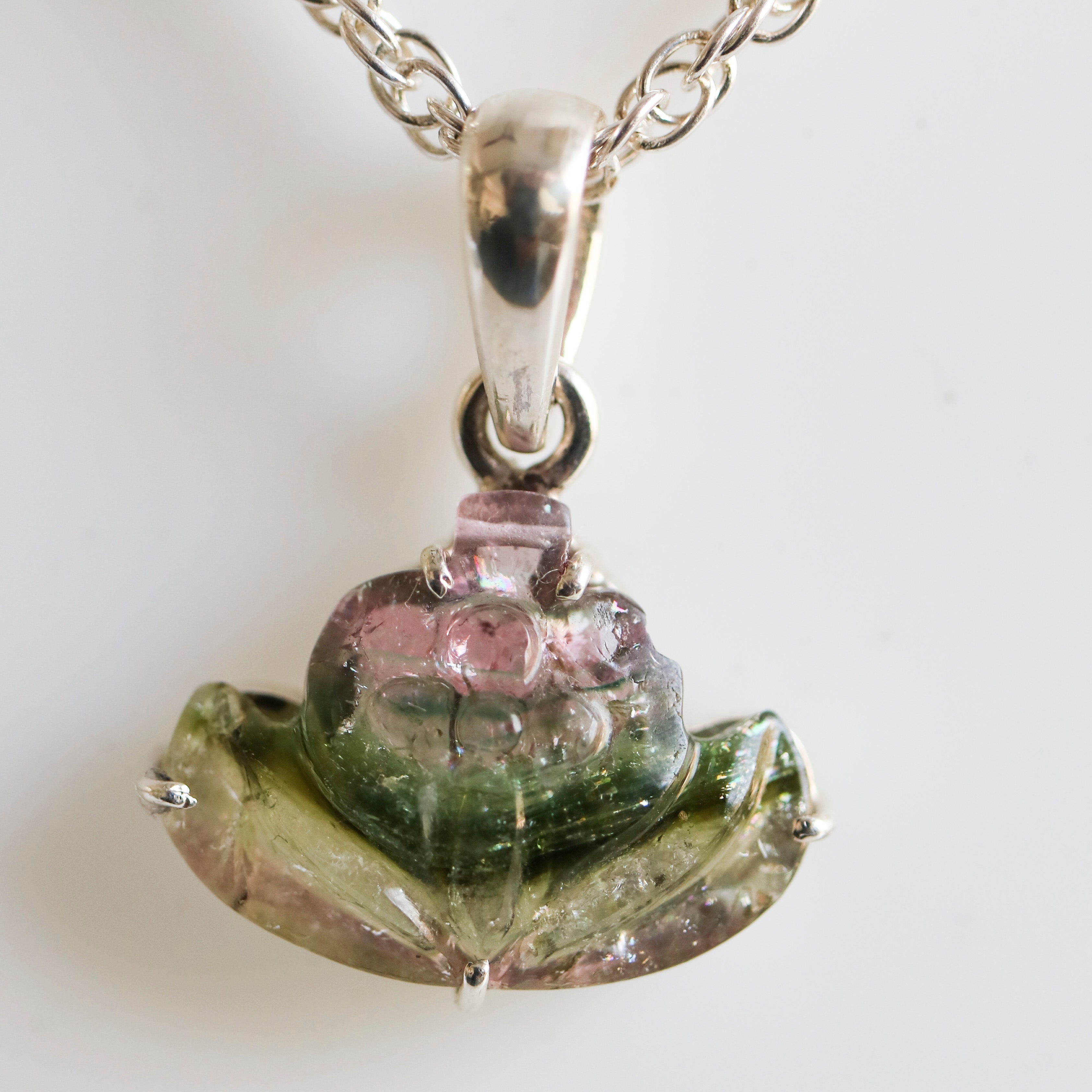 Carved Watermelon Tourmaline Lotus Pendant – 925 Sterling Silver