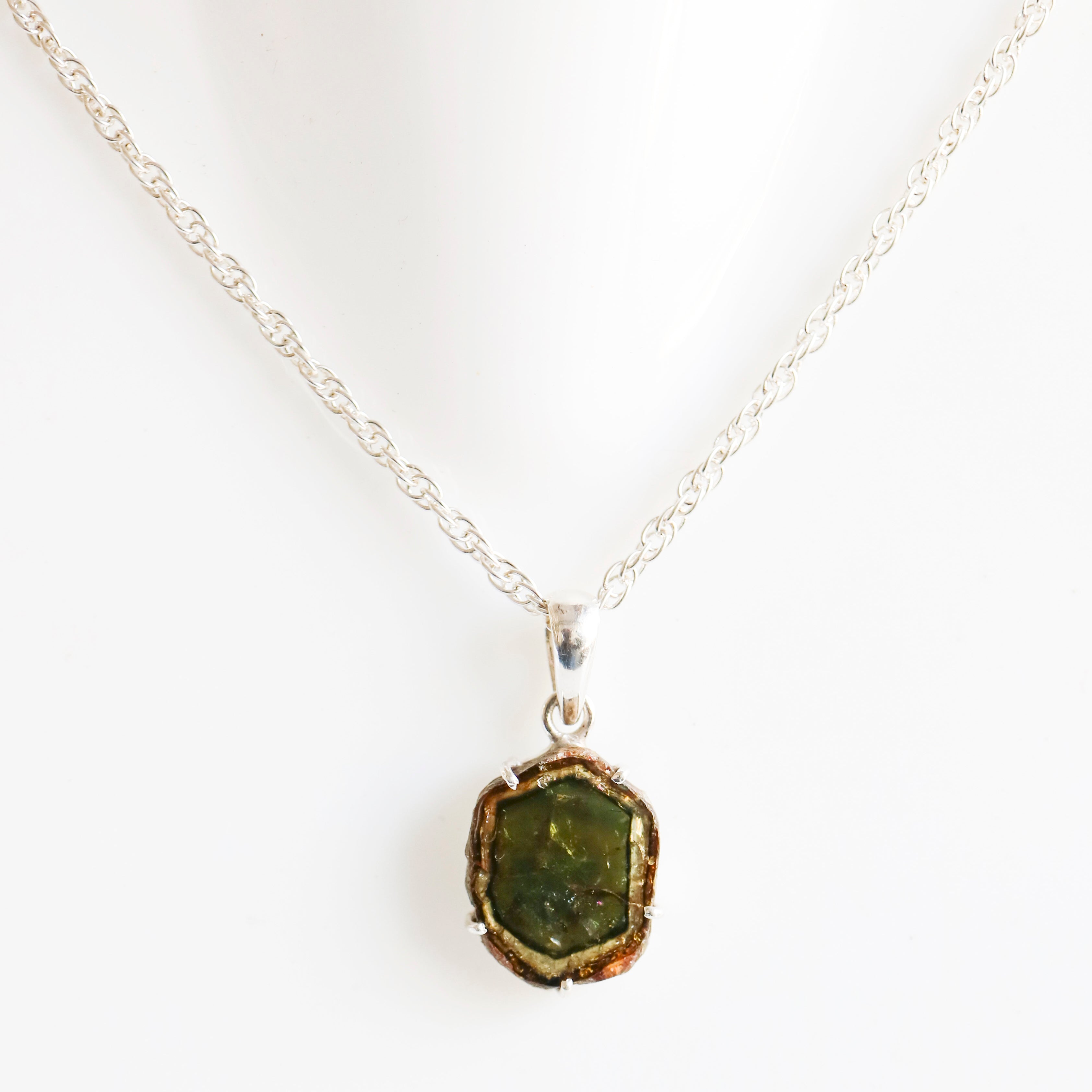 Green Bicolor Watermelon Tourmaline Slice Pendant – 925 Sterling Silver