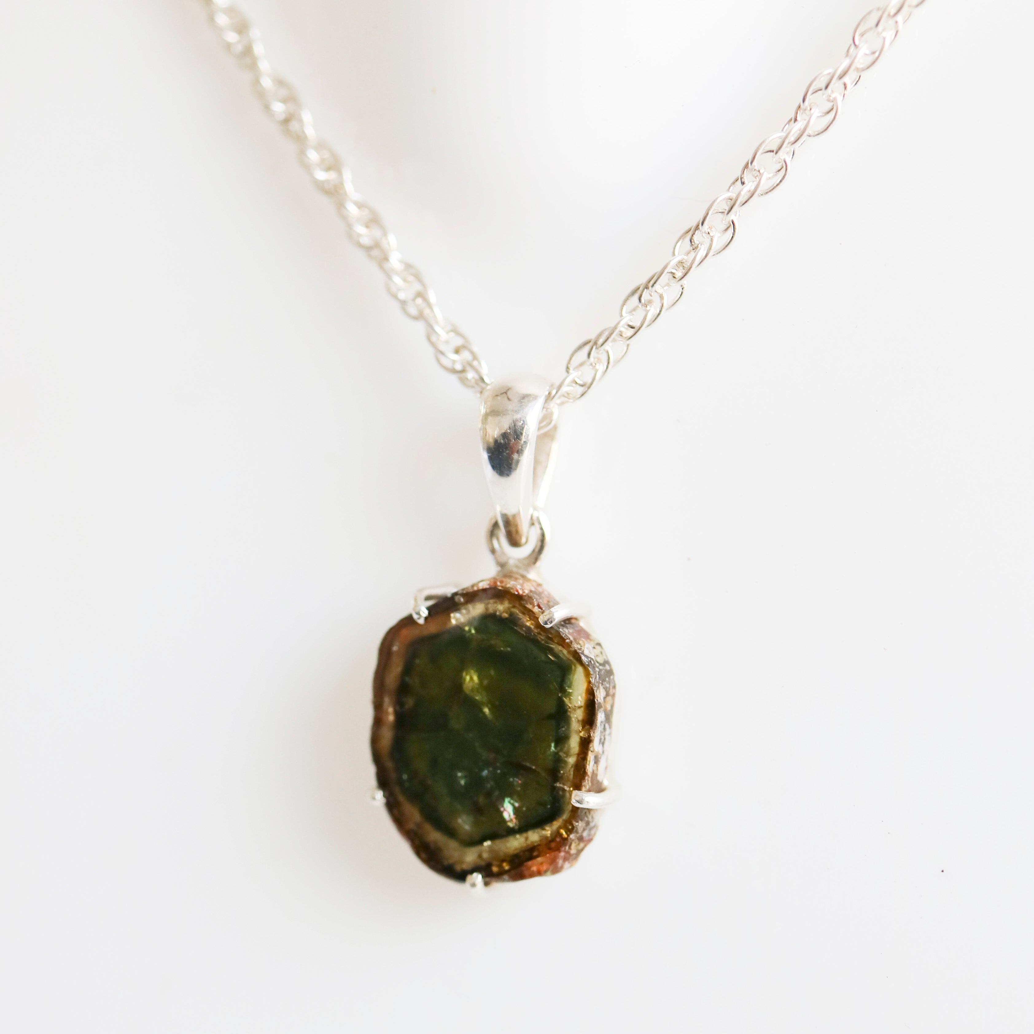 Green Bicolor Watermelon Tourmaline Slice Pendant – 925 Sterling Silver