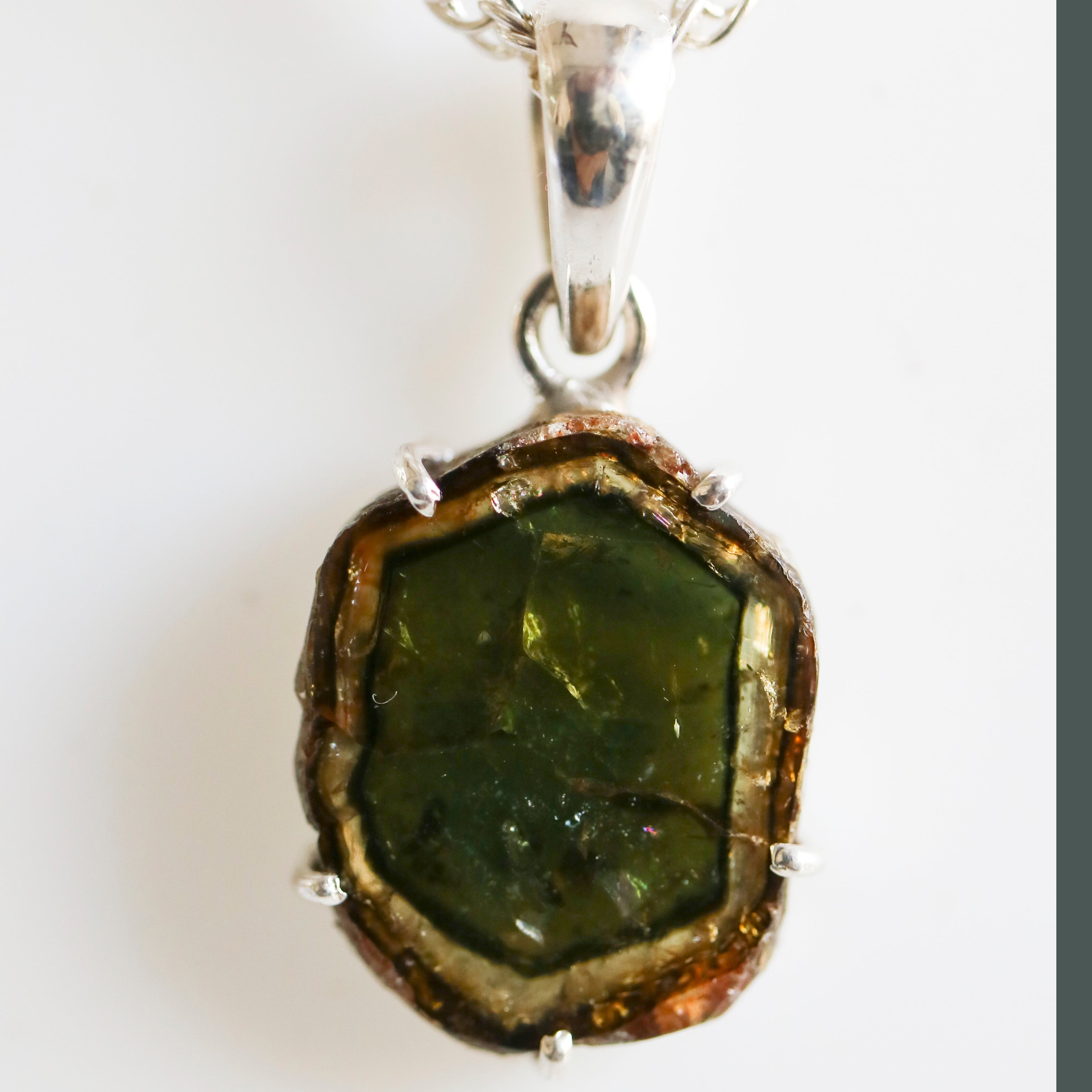 Green Bicolor Watermelon Tourmaline Slice Pendant – 925 Sterling Silver