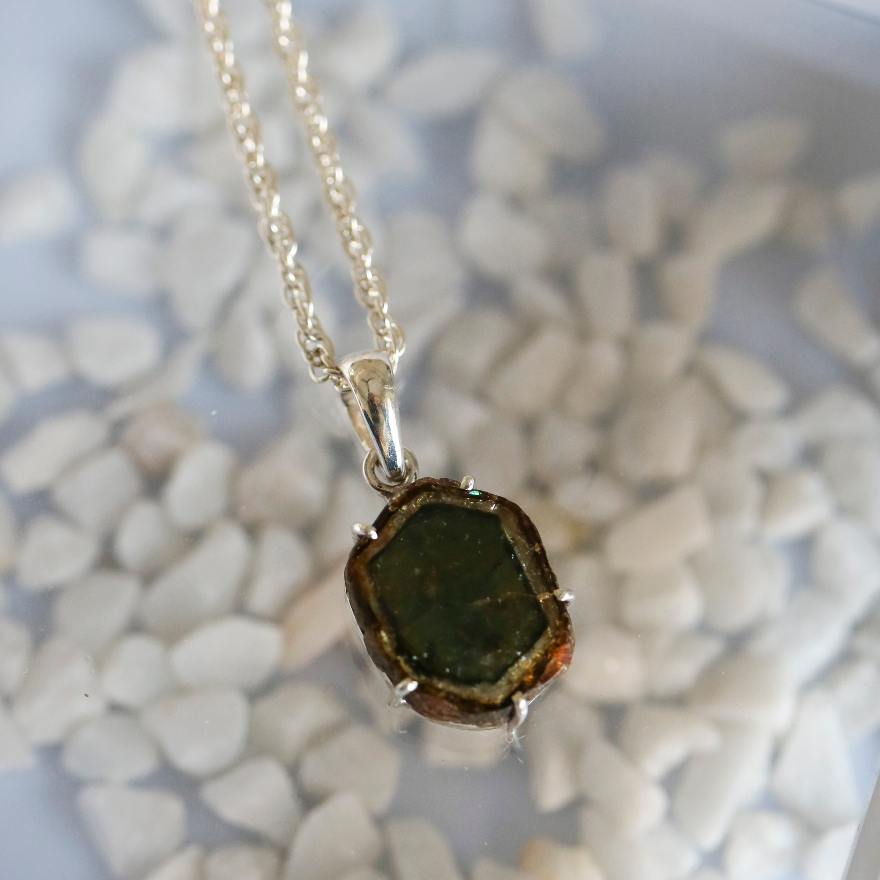Green Bicolor Watermelon Tourmaline Slice Pendant – 925 Sterling Silver