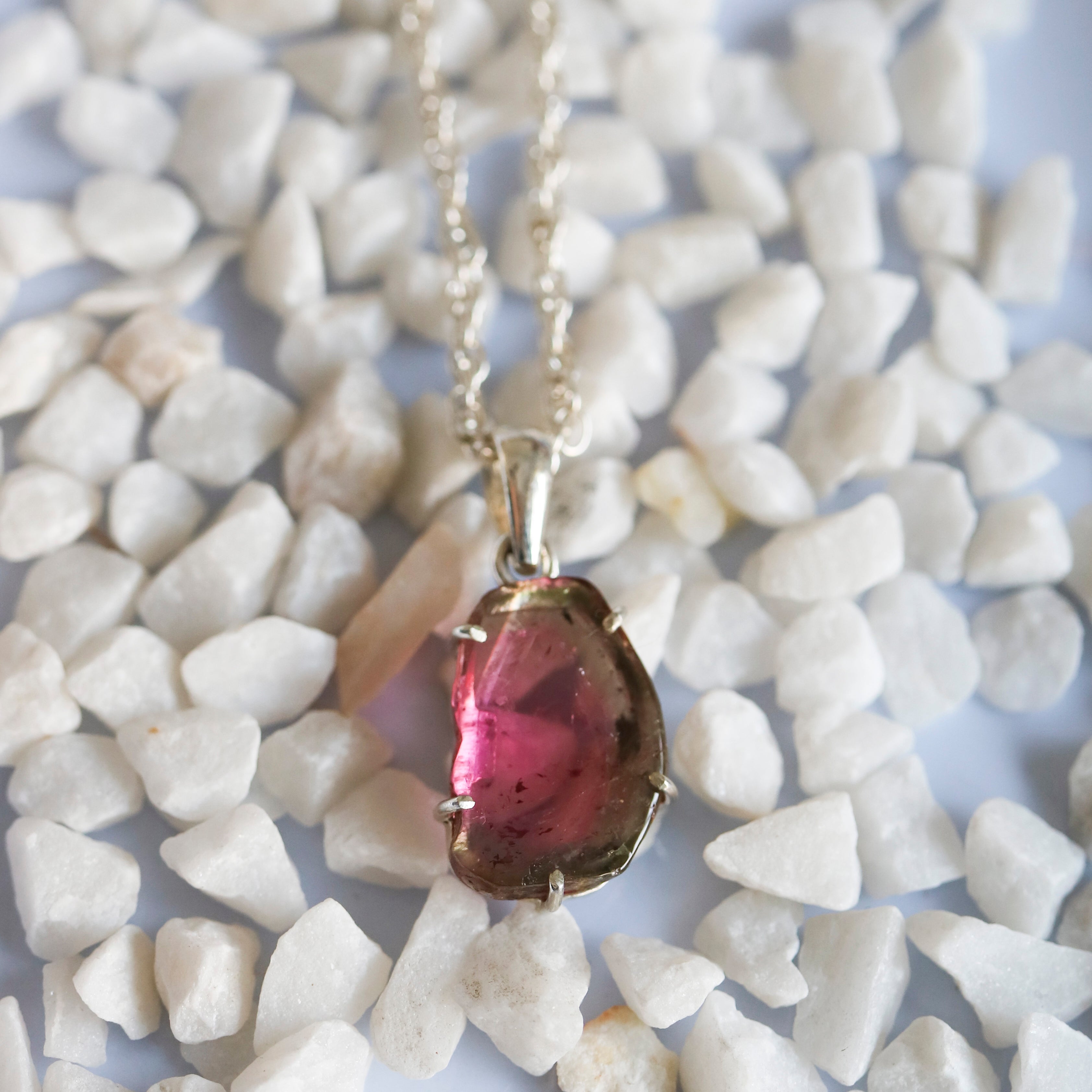 Pink Center & Dark Edge Tourmaline Slice Pendant – 925 Sterling Silver
