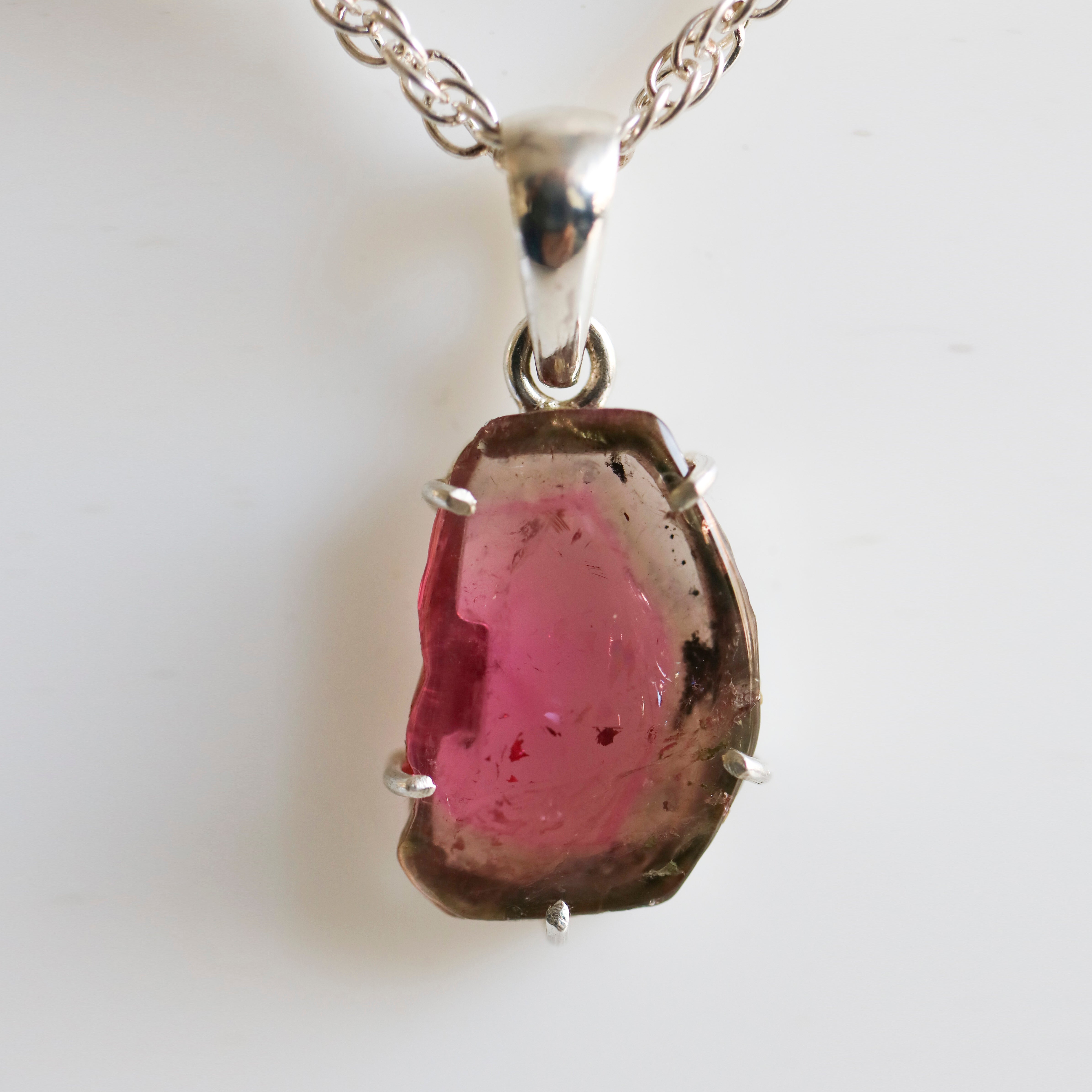 Pink Center & Dark Edge Tourmaline Slice Pendant – 925 Sterling Silver