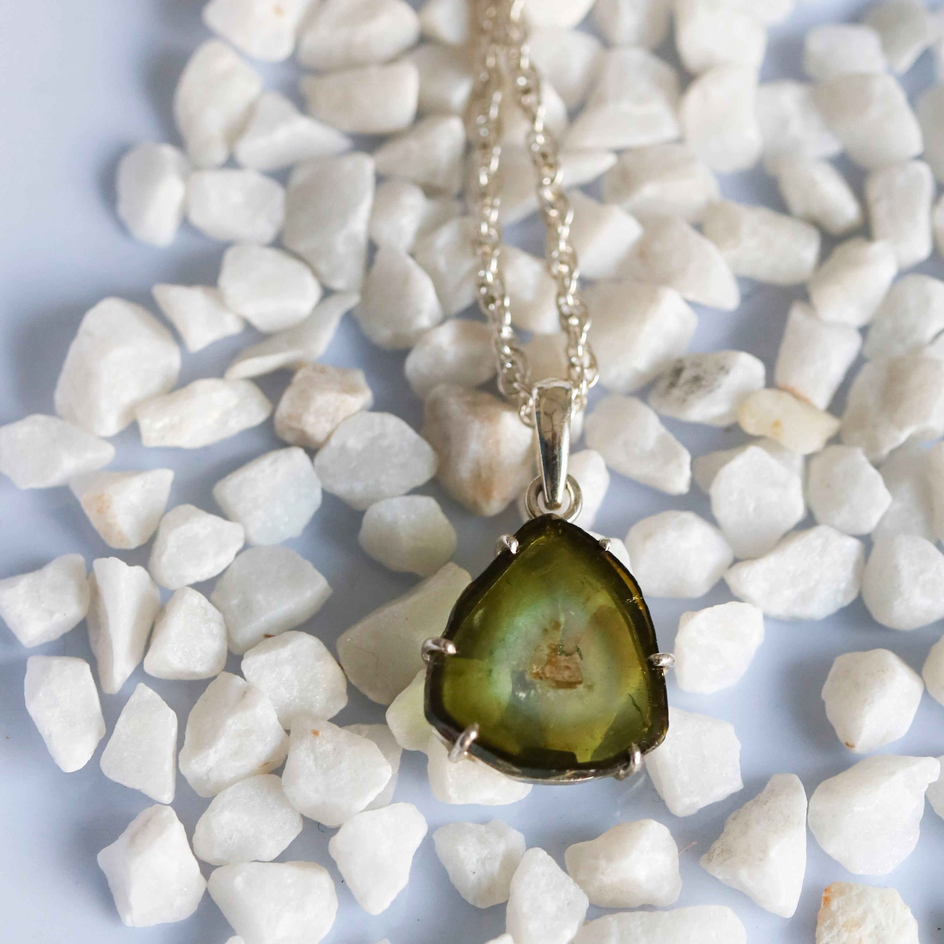 Light Green & Soft Blue Tourmaline Slice Pendant – 925 Sterling Silver