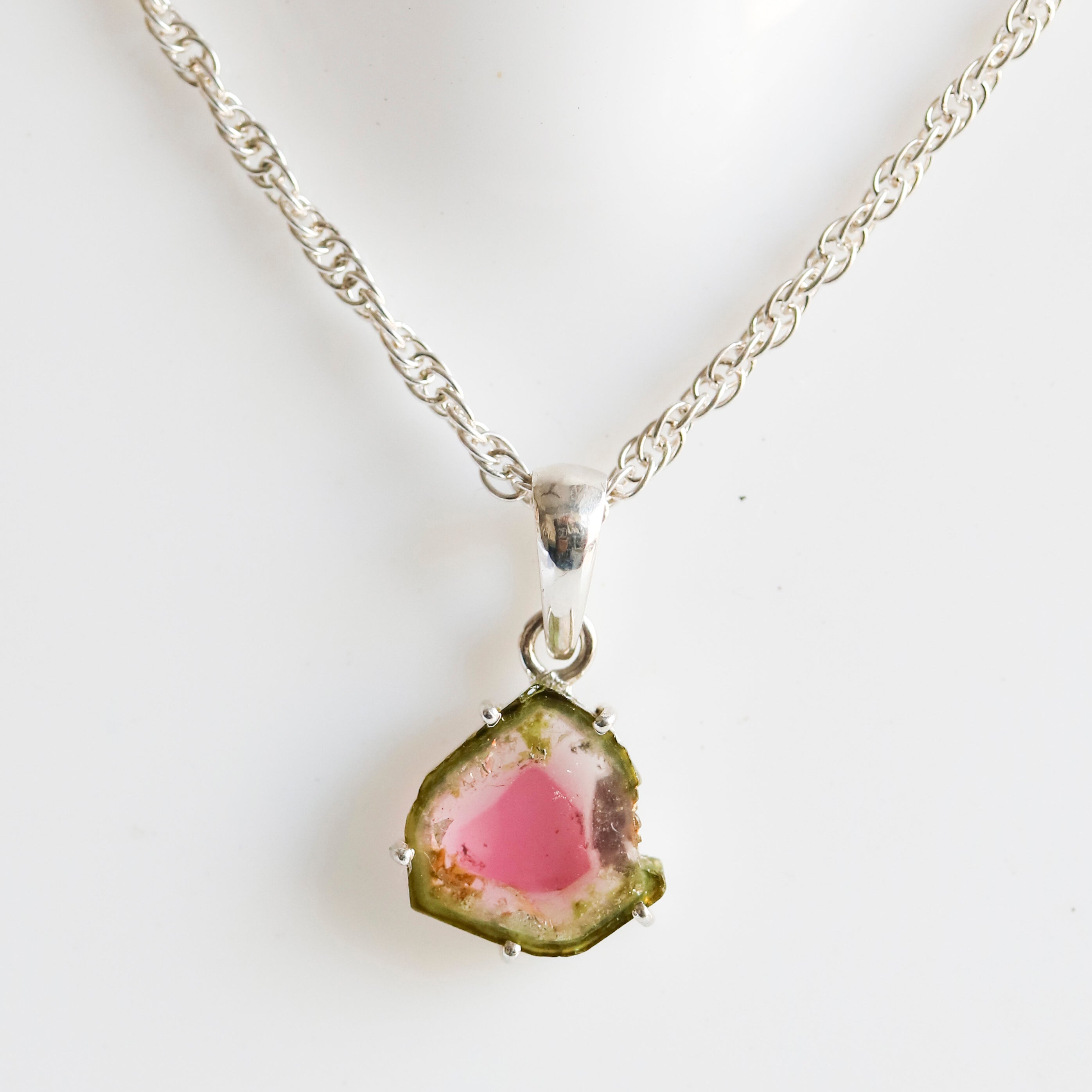 Clean Watermelon Tourmaline Slice Pendant – 925 Sterling Silver