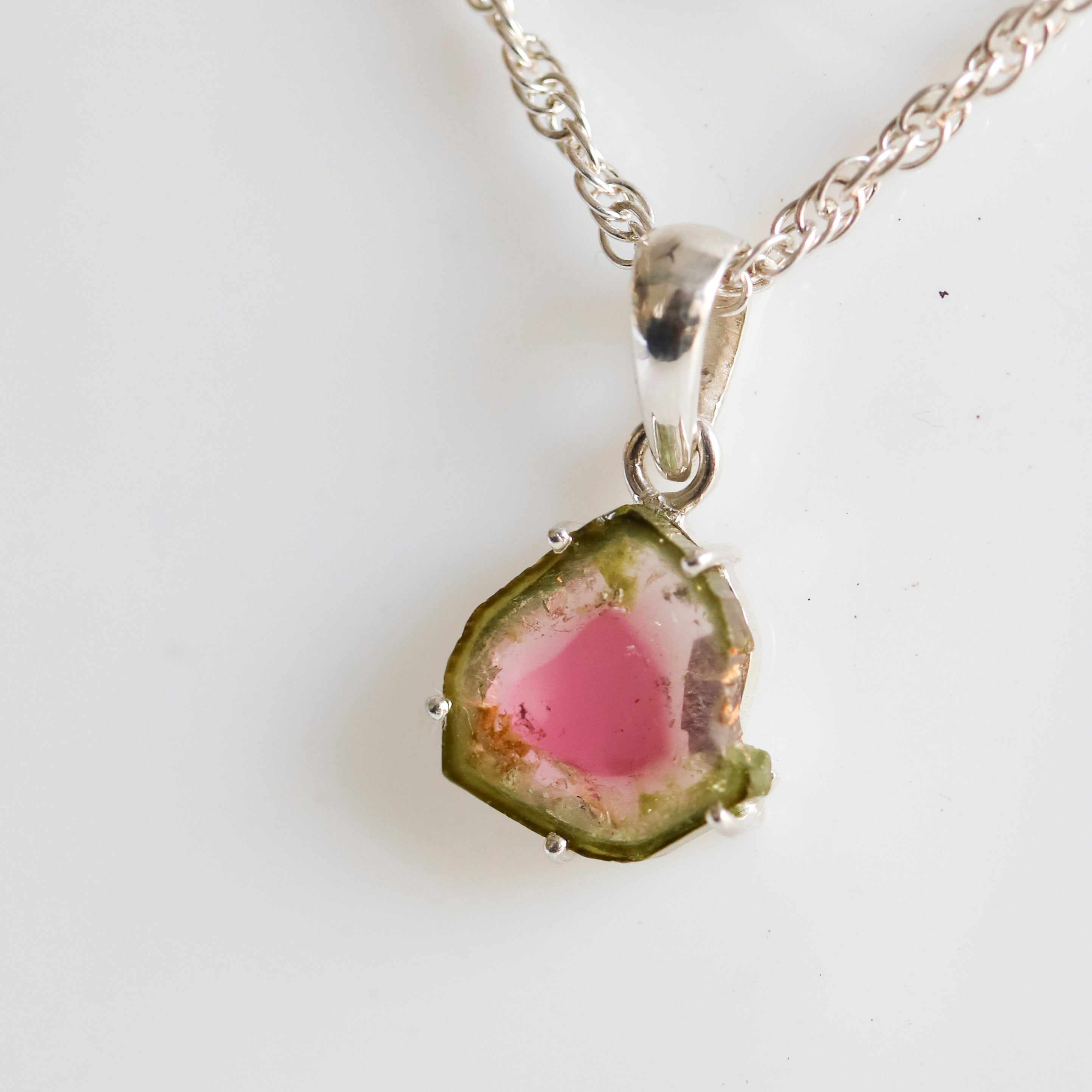 Clean Watermelon Tourmaline Slice Pendant – 925 Sterling Silver