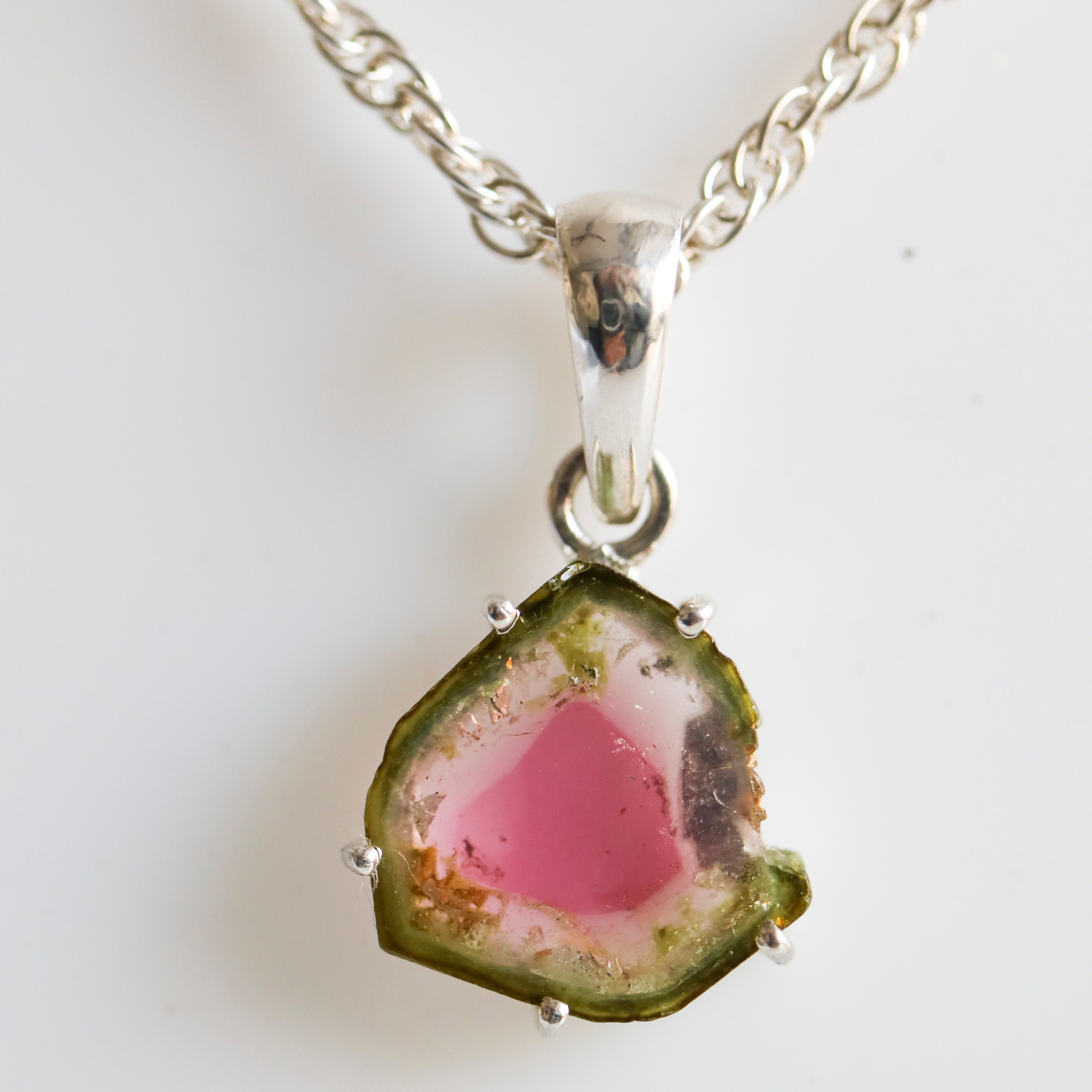 Clean Watermelon Tourmaline Slice Pendant – 925 Sterling Silver