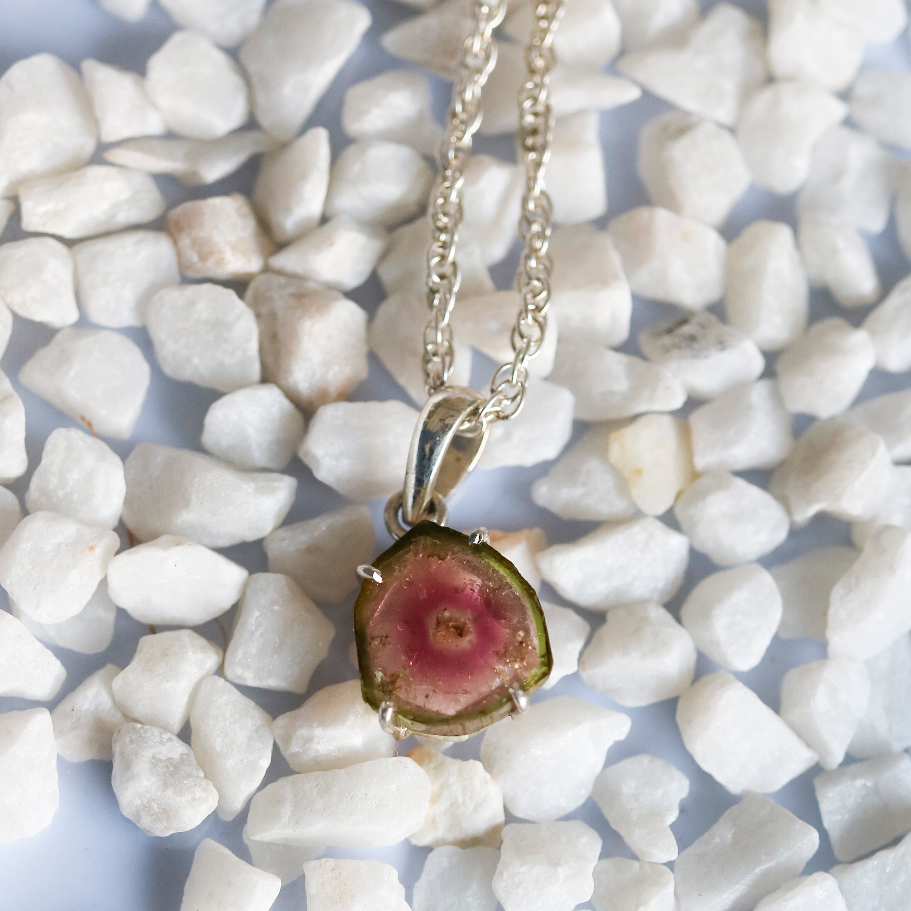 Pink & Green Tourmaline Slice Pendant with Center Dot Inclusion – 925 Sterling Silver