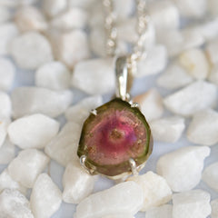 Pink & Green Tourmaline Slice Pendant with Center Dot Inclusion – 925 Sterling Silver