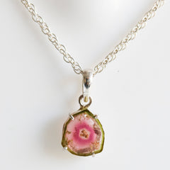 Pink & Green Tourmaline Slice Pendant with Center Dot Inclusion – 925 Sterling Silver
