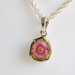 Pink & Green Tourmaline Slice Pendant with Center Dot Inclusion – 925 Sterling Silver