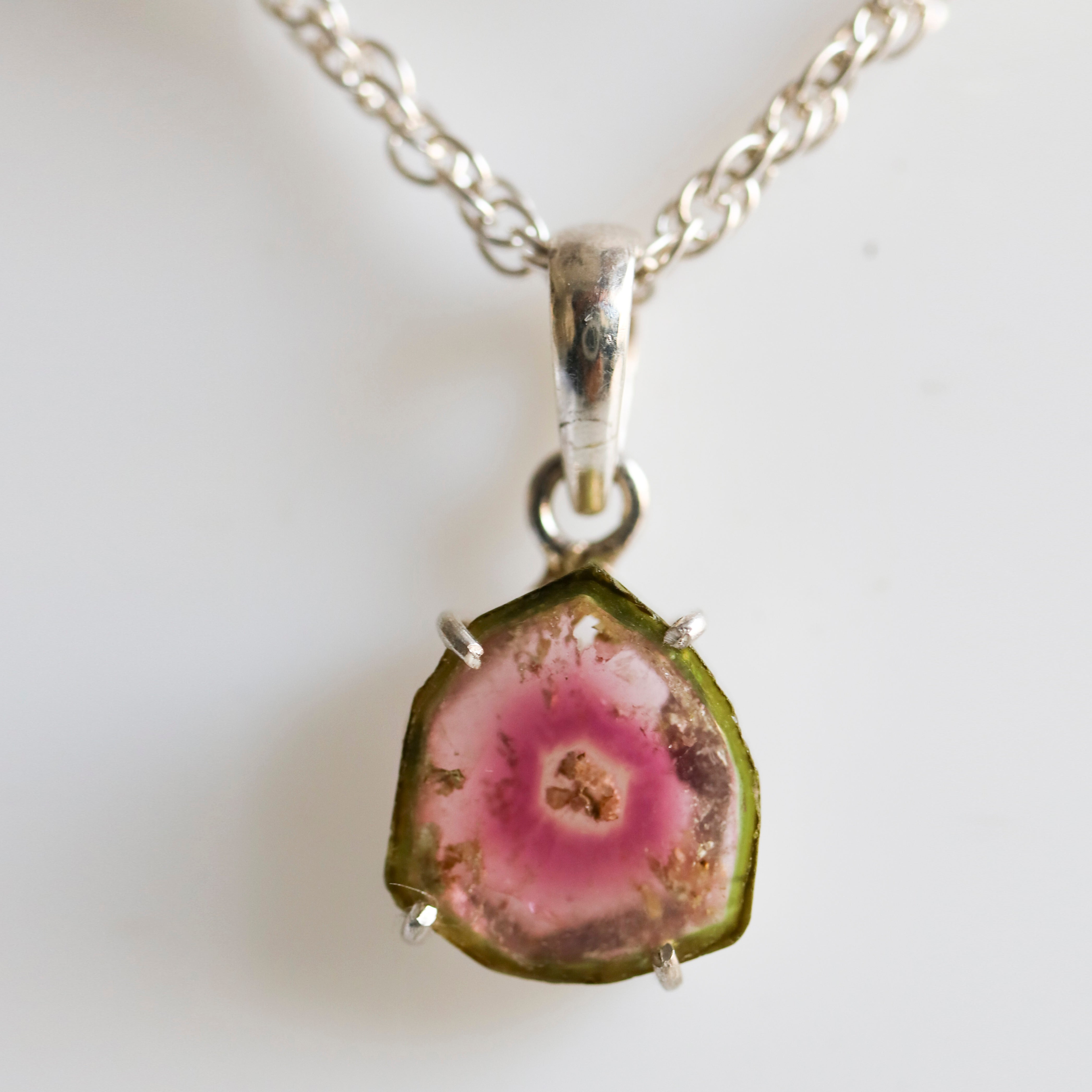 Pink & Green Tourmaline Slice Pendant with Center Dot Inclusion – 925 Sterling Silver