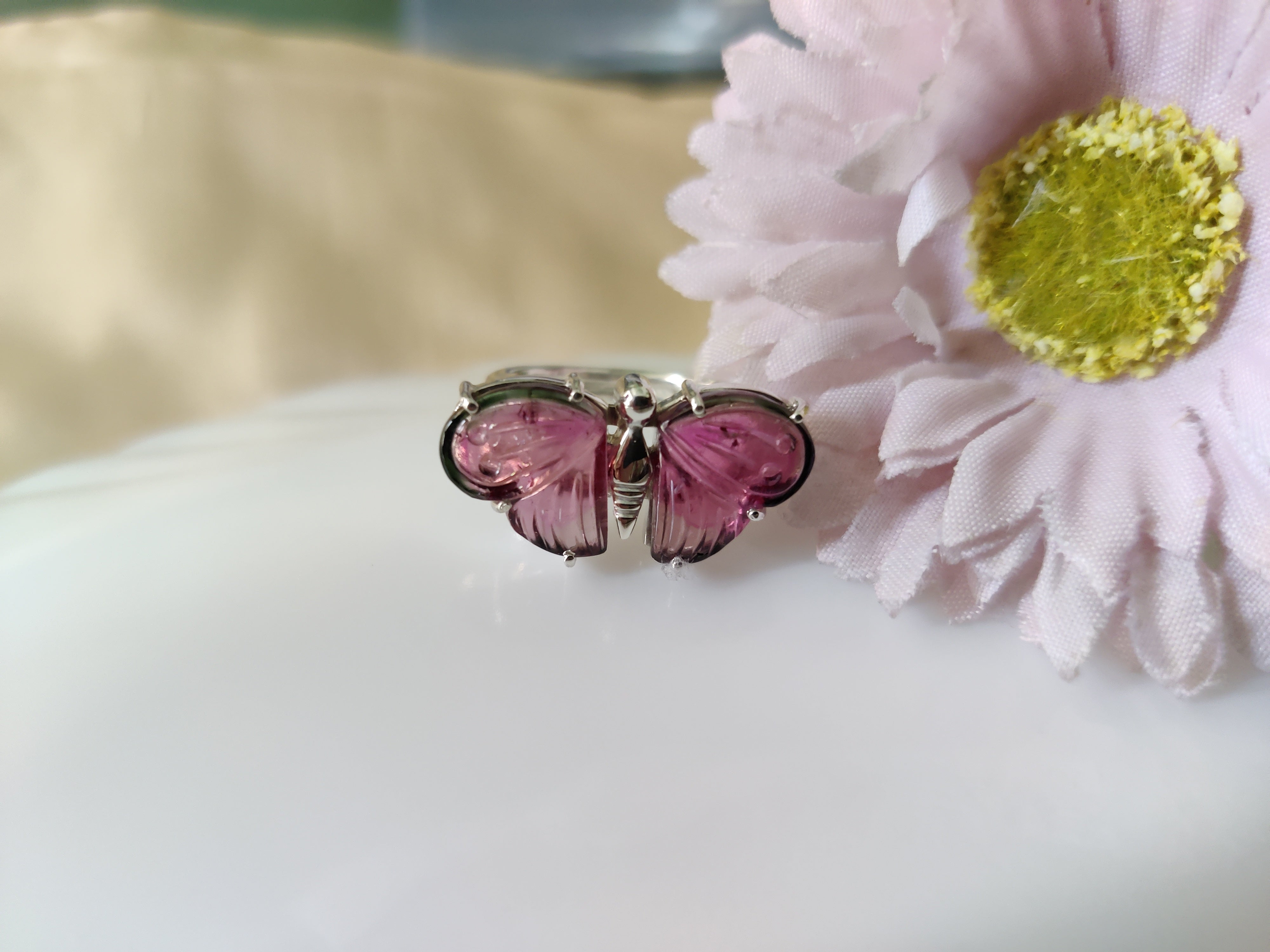 Pink Tourmaline Design Butterfly Ring – 925 Sterling Silver