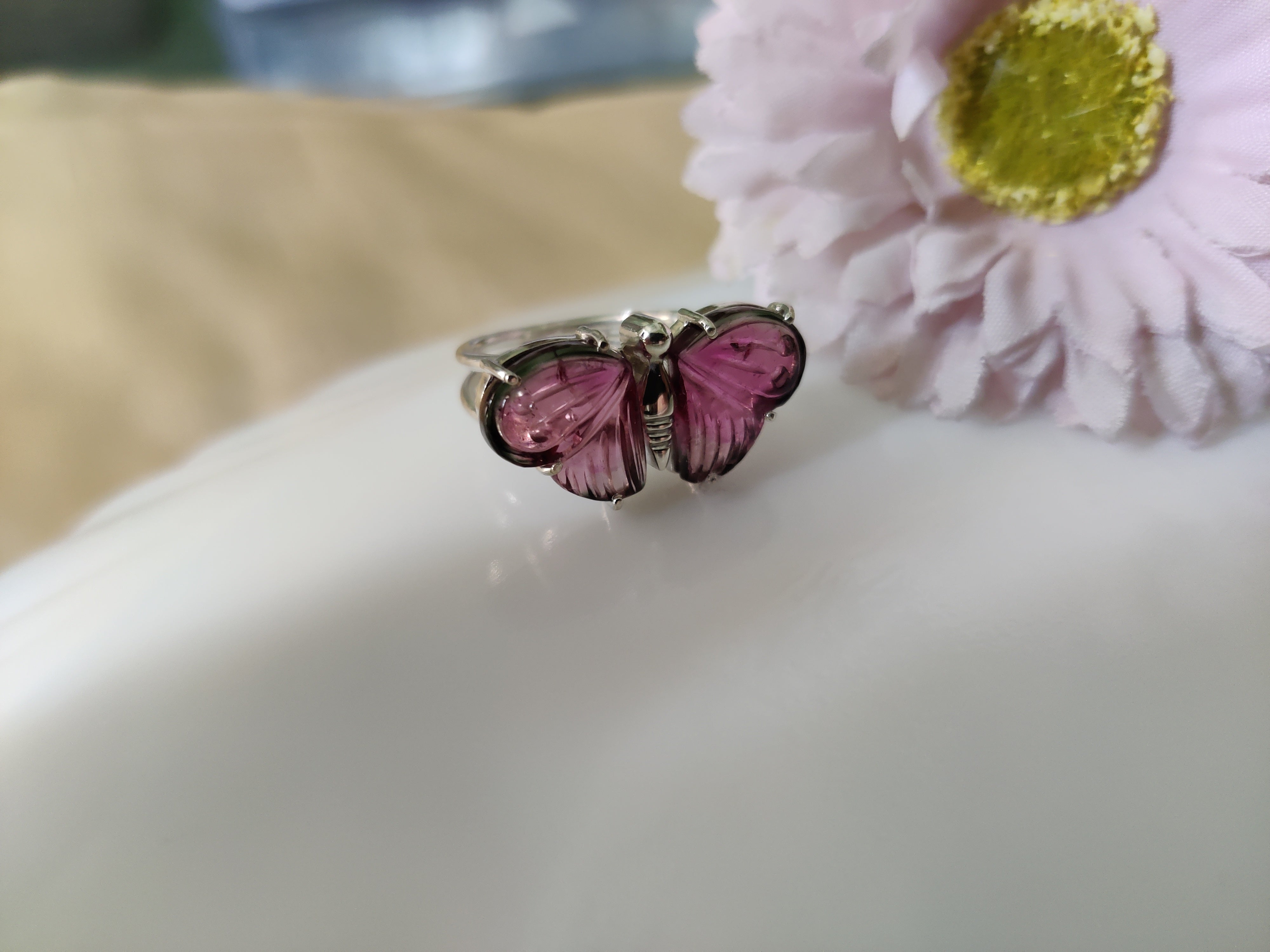 Pink Tourmaline Design Butterfly Ring – 925 Sterling Silver