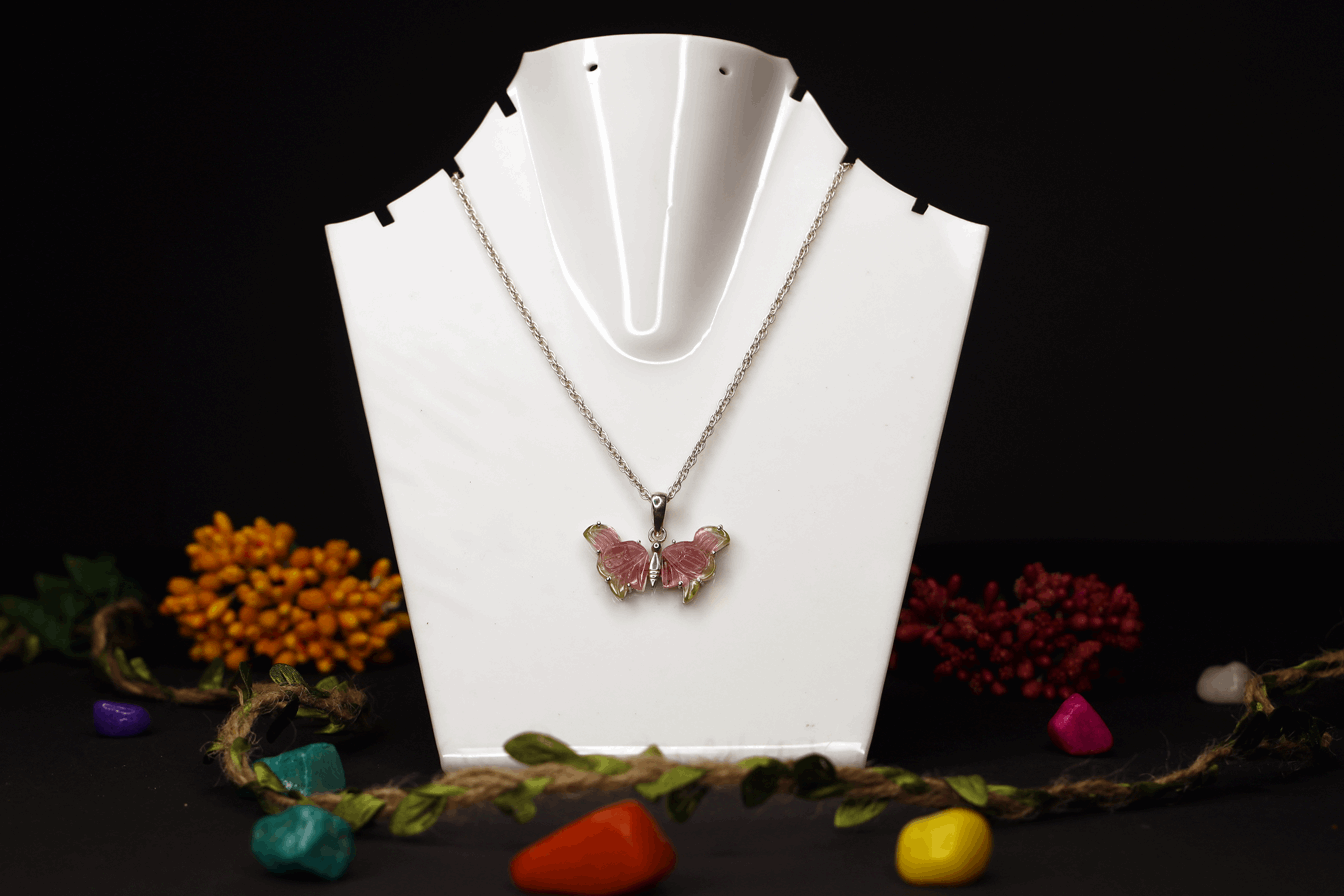 Designer Pink-Green Butterfly Pendant in 925 Sterling Silver