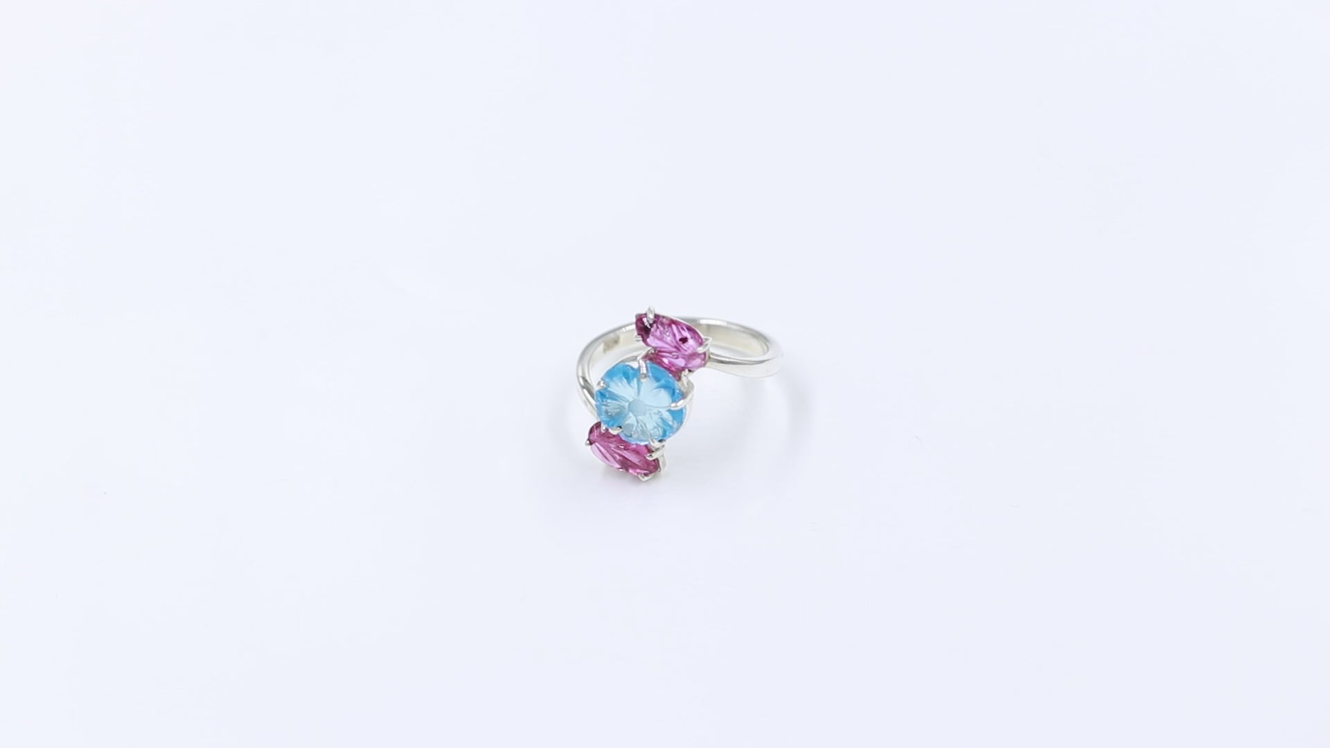 Blue Topaz Flower & Pink Tourmaline Leaves Ring – 925 Sterling Silver