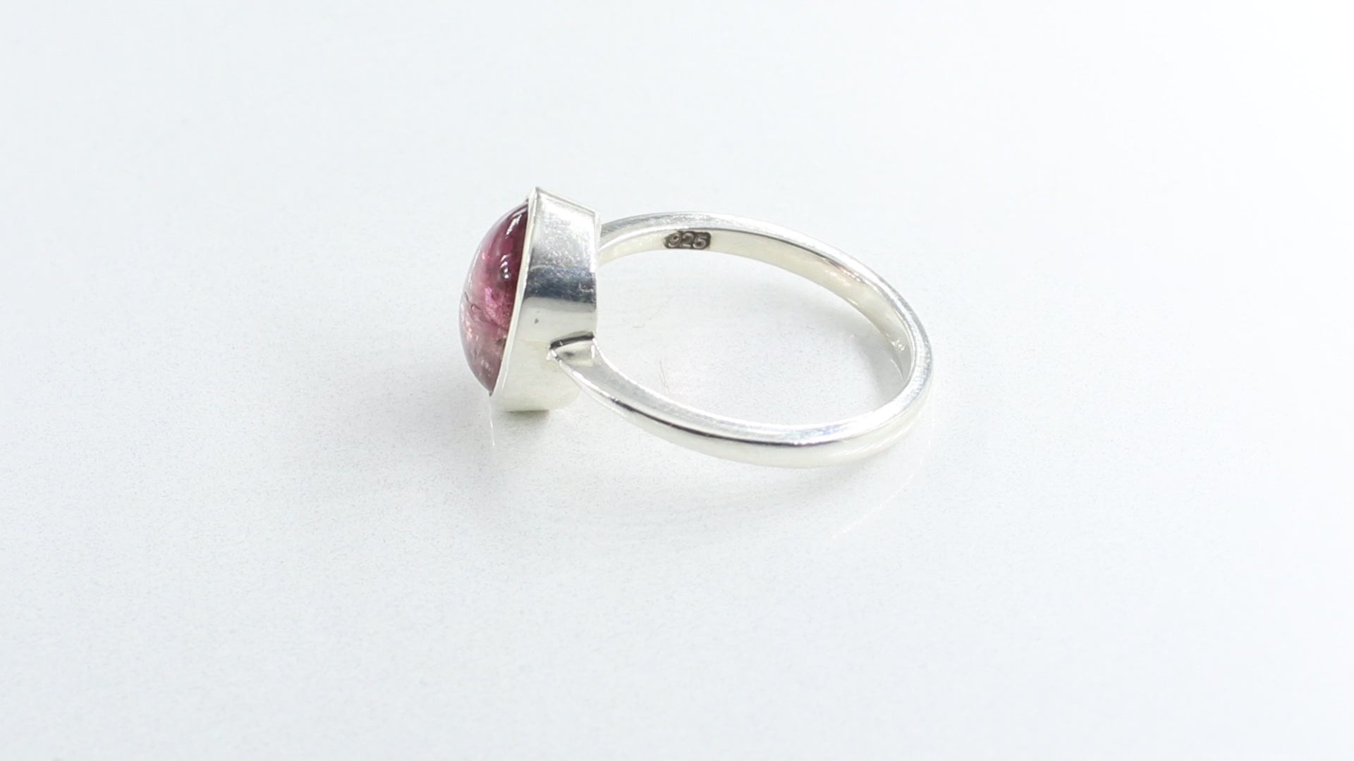 Pink & White Tourmaline Cabochon Ring – 925 Sterling Silver