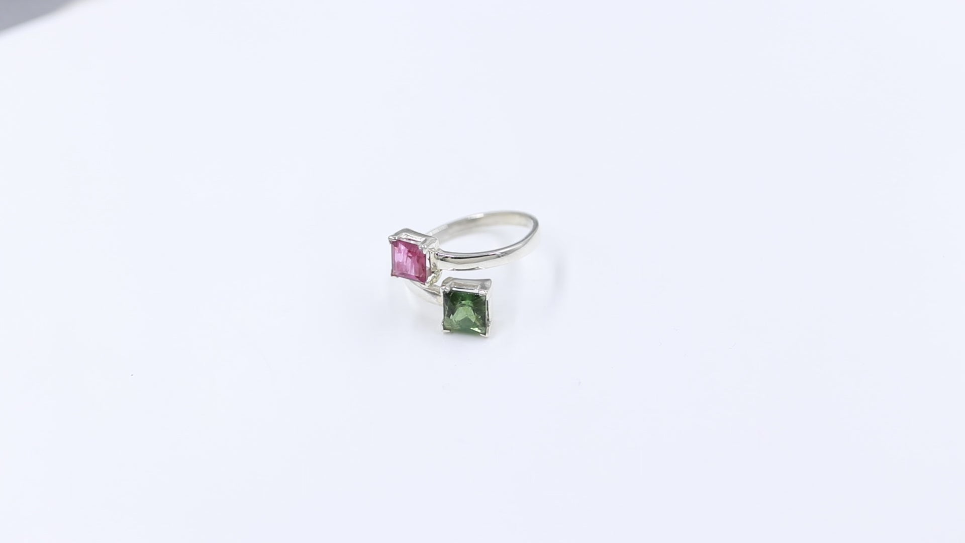 💖💚 Pink & Green Tourmaline Square Cut Ring – 925 Sterling Silver