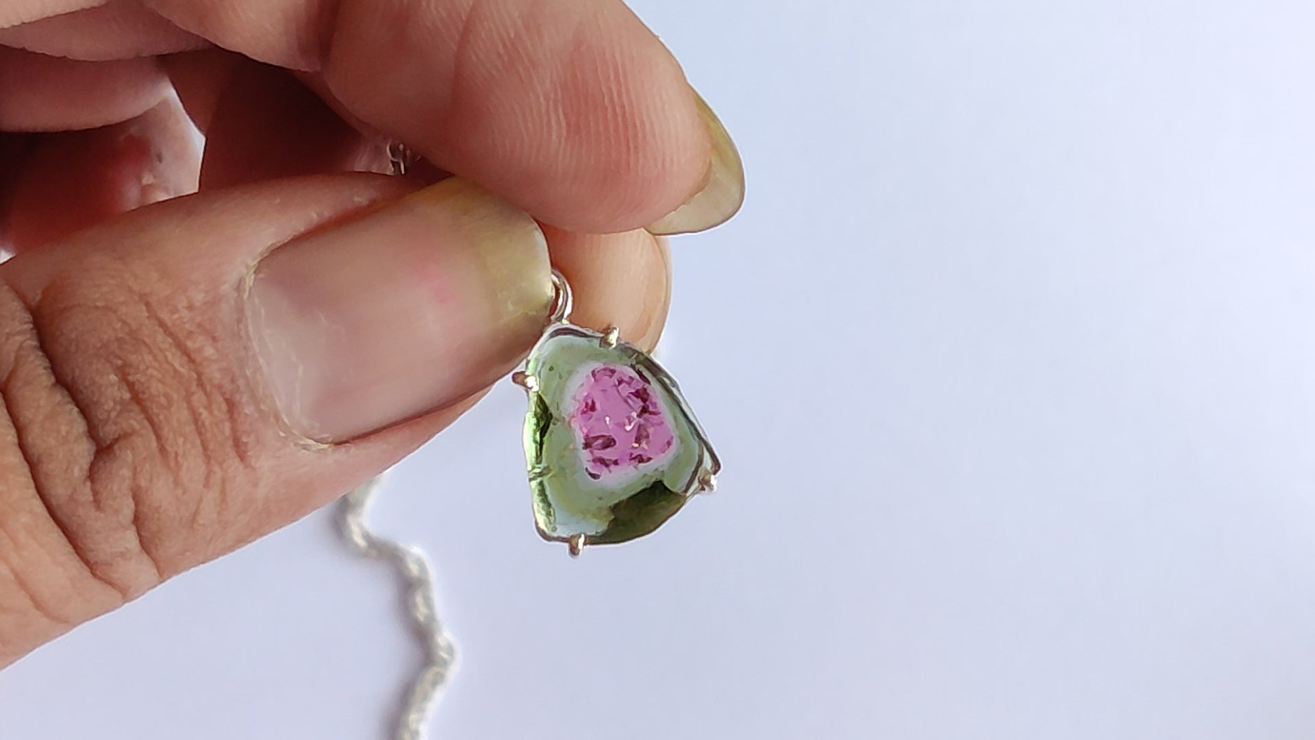 Dark Pink Center Watermelon Tourmaline Slice Pendant – 925 Sterling Silver